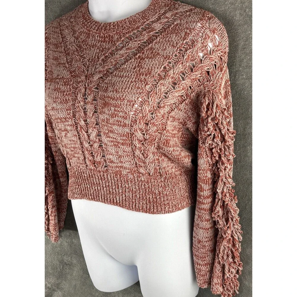 Wildfox Small Warren Sweater Pink Red Pullover Cable Knit‎ Fringe Sleeve Sample